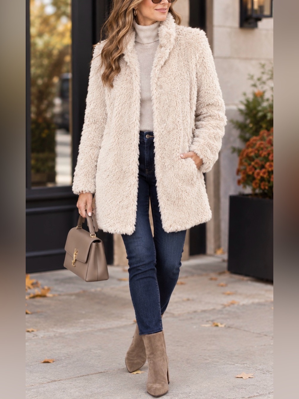 Kenneth Cole New York Faux Fur Stand Collar Jacket - Cream / Oatmeal Size Medium